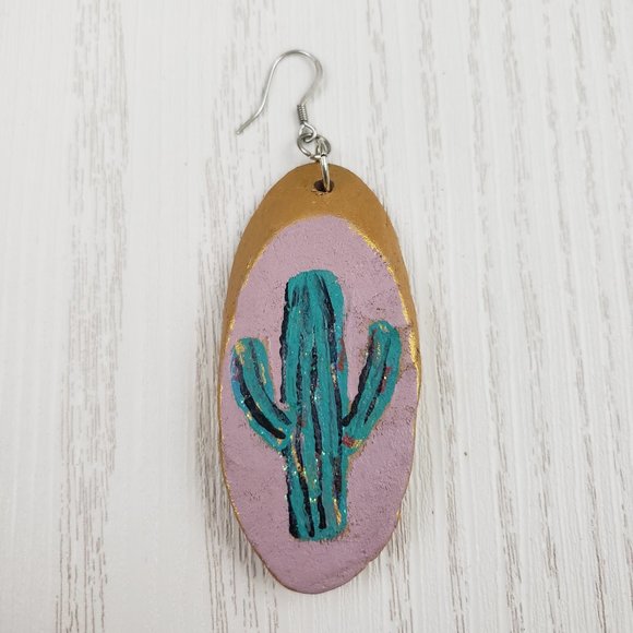 Wood Oval SINGLE Earring Cactus Painted Drop - Picture 2 of 5